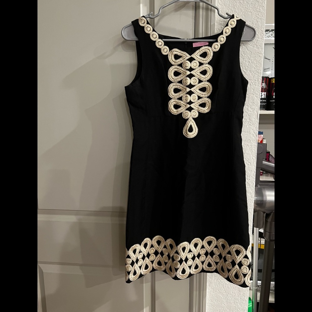Lilly Pulitzer Sleeveless Shift Dress  Black Gold Metallic Size 4 Adelson 89675